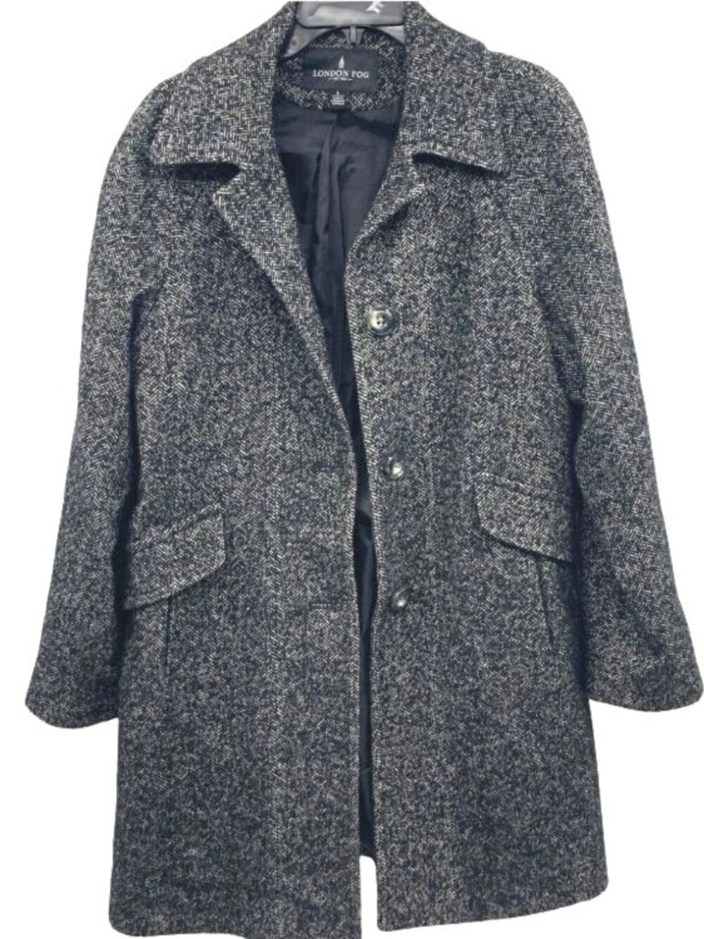 London Fog Womens Wool Blend Black/White Tweed Coat Large Knee-Length